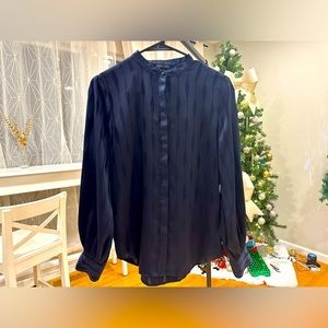 Ann Taylor Midnight Elegance: Navy Pleated Button-Up Silk Blouse